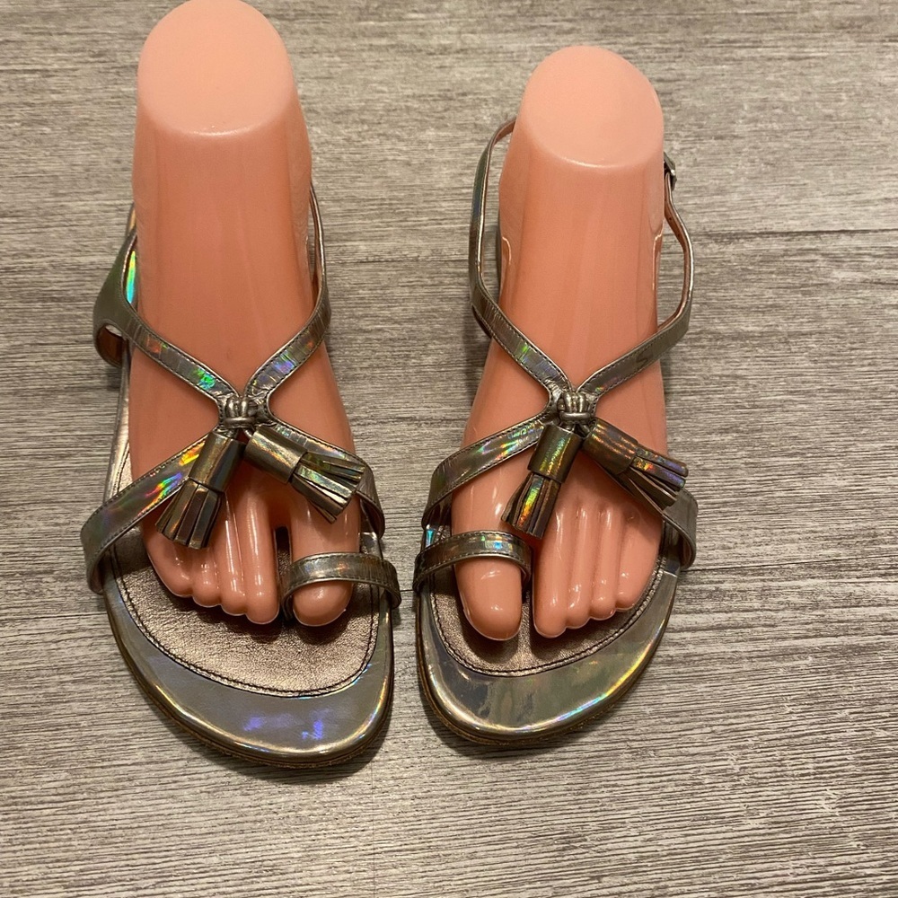 Stuart Weitzman pewter size 8M sandals W toe hold and back strap. Has tassels - Picture 3 of 13